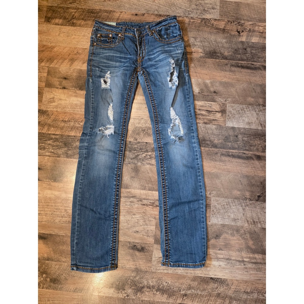 Machine Nouvelle‎ Y2K Distressed Straight Leg Jeans Blue Contrast Stitch Size 28